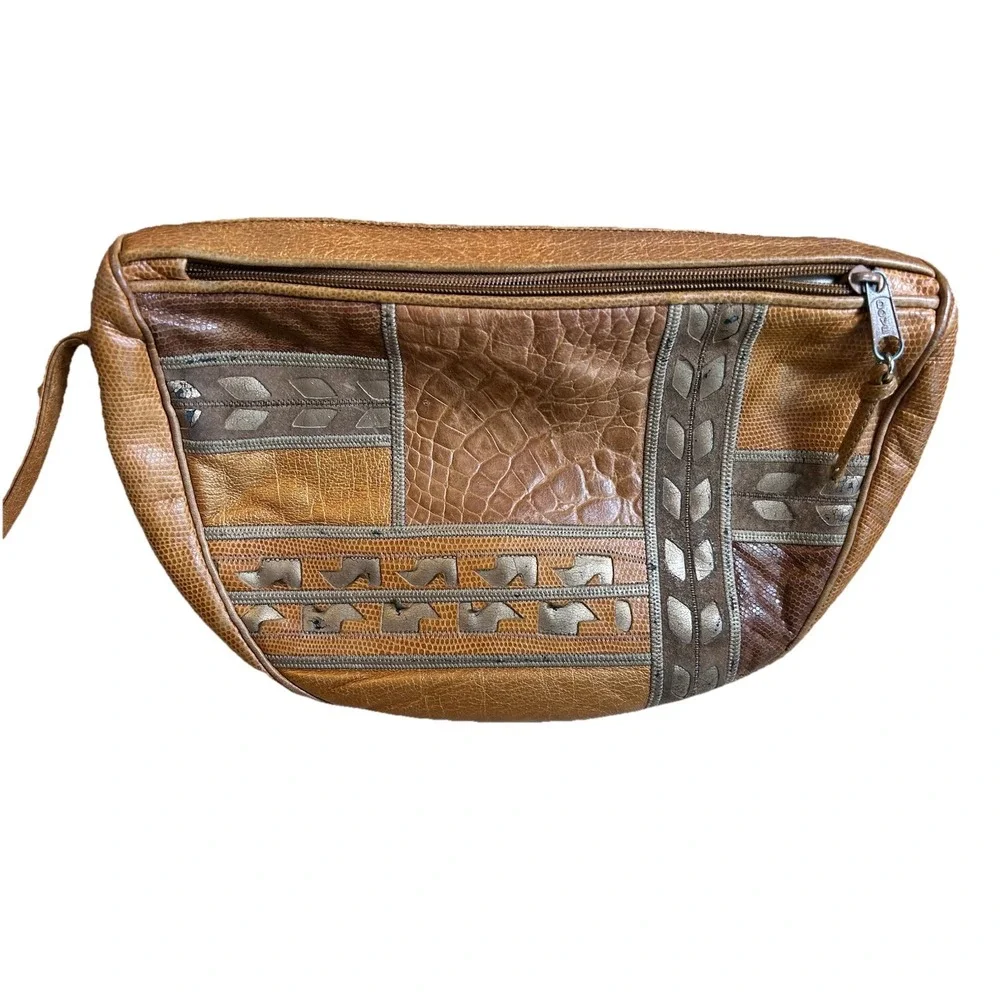 VTG SHARIF leather Snake/alligator/Geometric Texture crossbody Tan/browns 80's - Picture 1 of 15